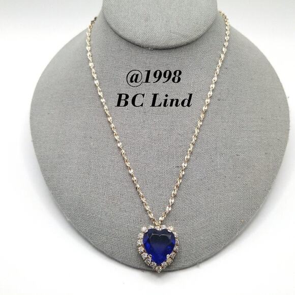 Vintage Jewelry - Vintage Blue Heart Pendant Necklace, Signed BC Lind 1998, Clear Rhinestones, 17"